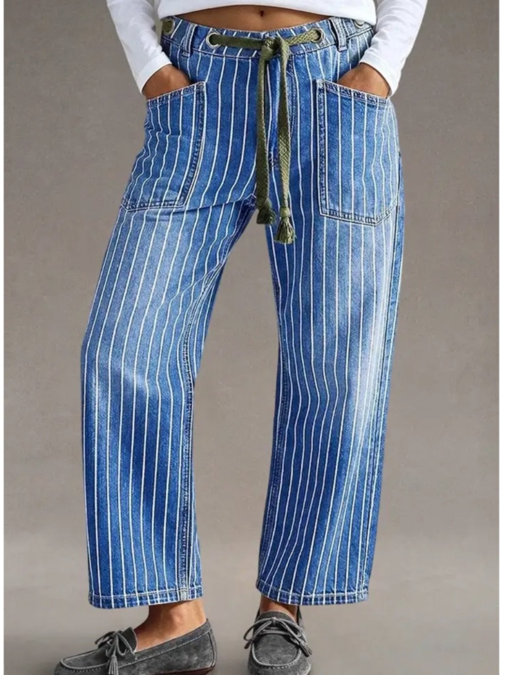 NWT Flamingals Pinstripe Drawstring Patched Pocket High Waist Crop Jeans 2X